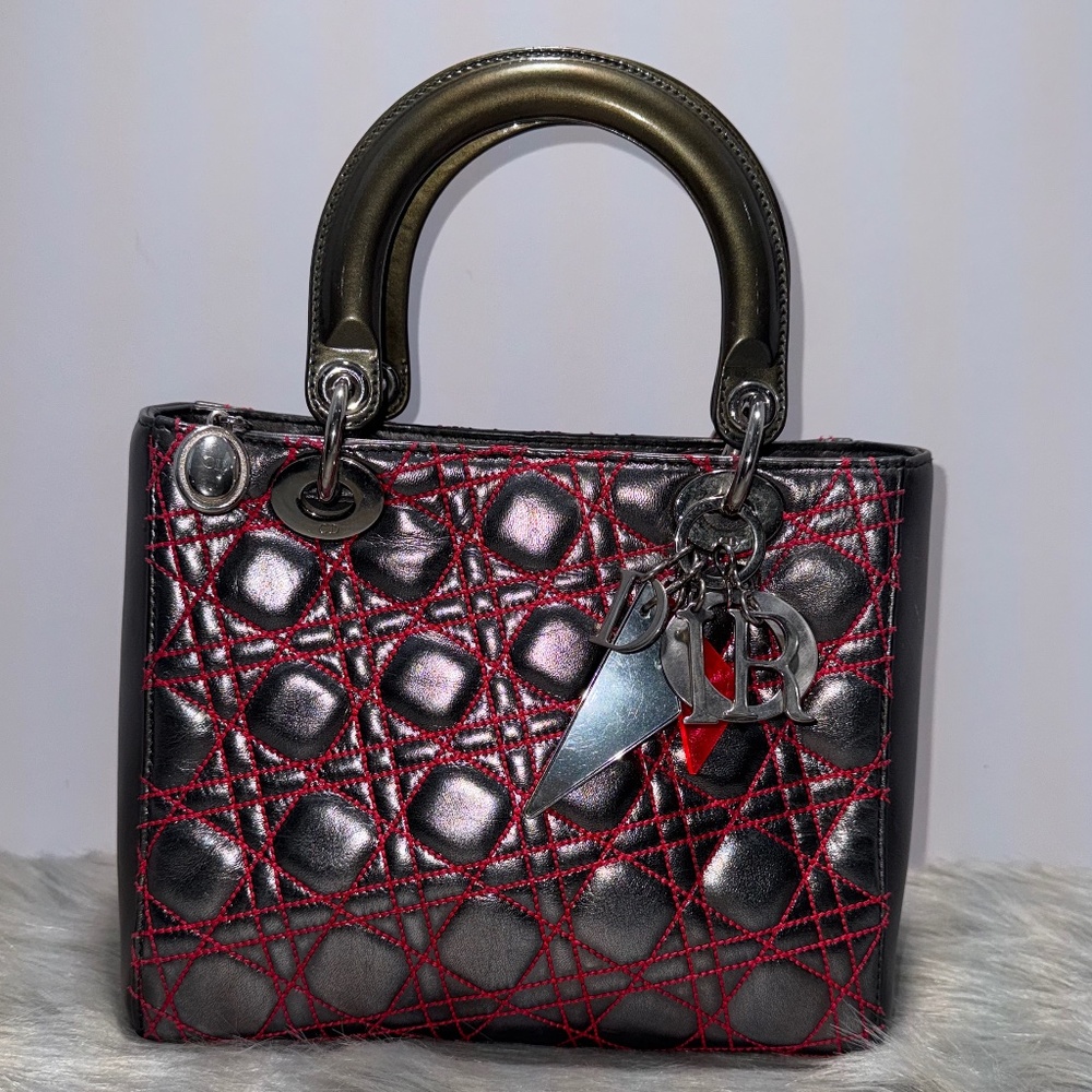 Christian Dior Cannage two-Way Handbag with Pink Stitching~Pre-Loved